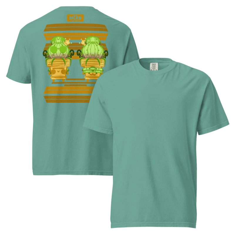Cute and fun t-shirt with a dreamy pastel, kawaii aesthetic: Cacti Back 0 3.0 - Heavy Cotton Shirt — original double-sided front and back view, available in multiple vibrant, colorful options, original design by Machikoulidana / mckd.studio
