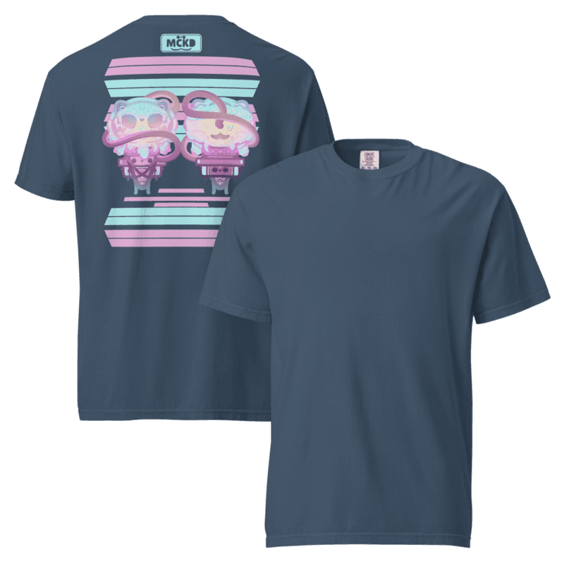 Cute and fun t-shirt with a dreamy pastel, kawaii aesthetic: Melti Back 0 3.0 - Heavy Cotton Shirt — original double-sided front and back view, available in multiple vibrant, colorful options, original design by Machikoulidana / mckd.studio