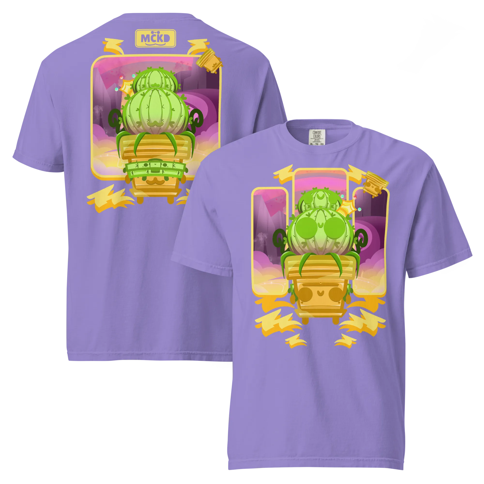 Cute and fun t-shirt with a dreamy pastel, kawaii aesthetic: Cacti 0 - Heavy Cotton Shirt — original double-sided front and back view, available in multiple vibrant, colorful options, original design by Machikoulidana / mckd.studio