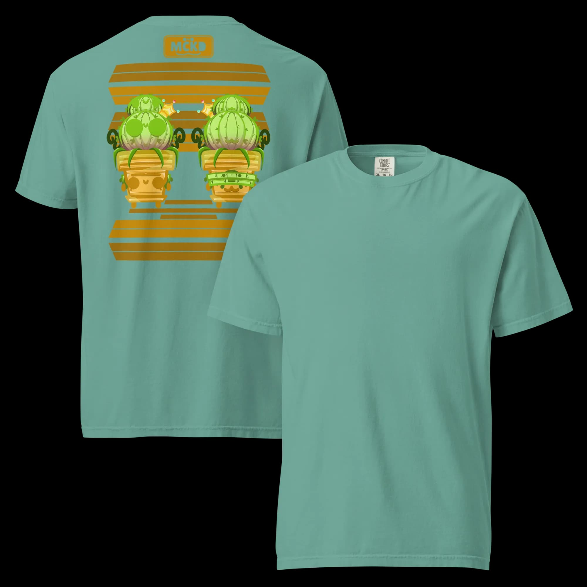 Cute and fun t-shirt with a dreamy pastel, kawaii aesthetic: Cacti Back 0 - Heavy Cotton Shirt — original double-sided front and back view, available in multiple vibrant, colorful options, original design by Machikoulidana / mckd.studio