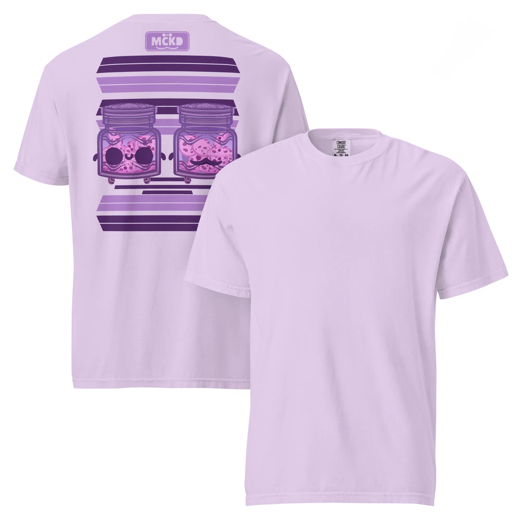 Cute and fun t-shirt with a dreamy pastel, kawaii aesthetic: Cooki Back 0 - Heavy Cotton Shirt — original double-sided front and back view, available in multiple vibrant, colorful options, original design by Machikoulidana / mckd.studio