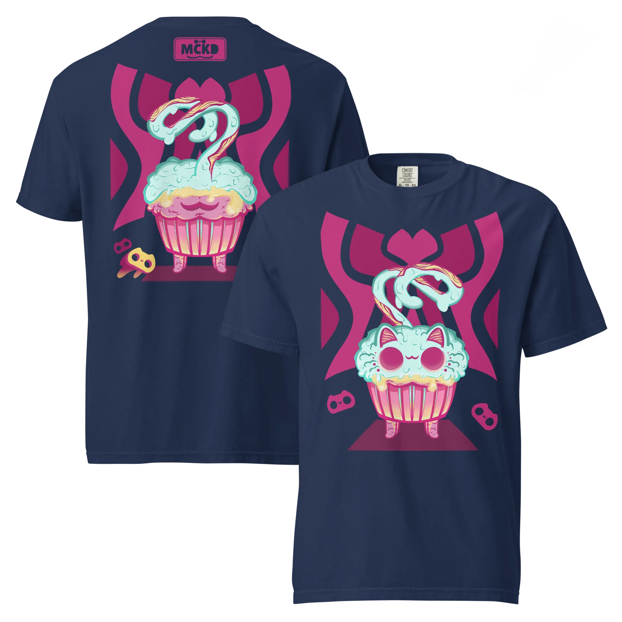 Cute and fun t-shirt with a dreamy pastel, kawaii aesthetic: Cupi 0 - Heavy Cotton Shirt — original double-sided front and back view, available in multiple vibrant, colorful options, original design by Machikoulidana / mckd.studio
