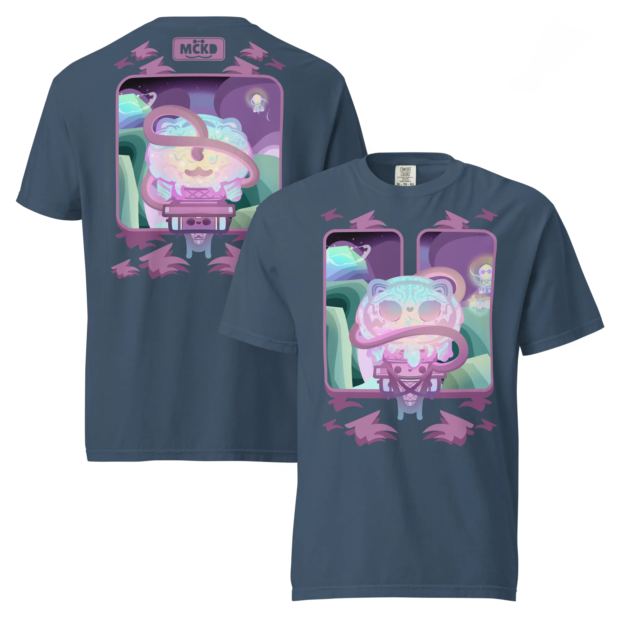 Cute and fun t-shirt with a dreamy pastel, kawaii aesthetic: Melti 0 - Heavy Cotton Shirt — original double-sided front and back view, available in multiple vibrant, colorful options, original design by Machikoulidana / mckd.studio