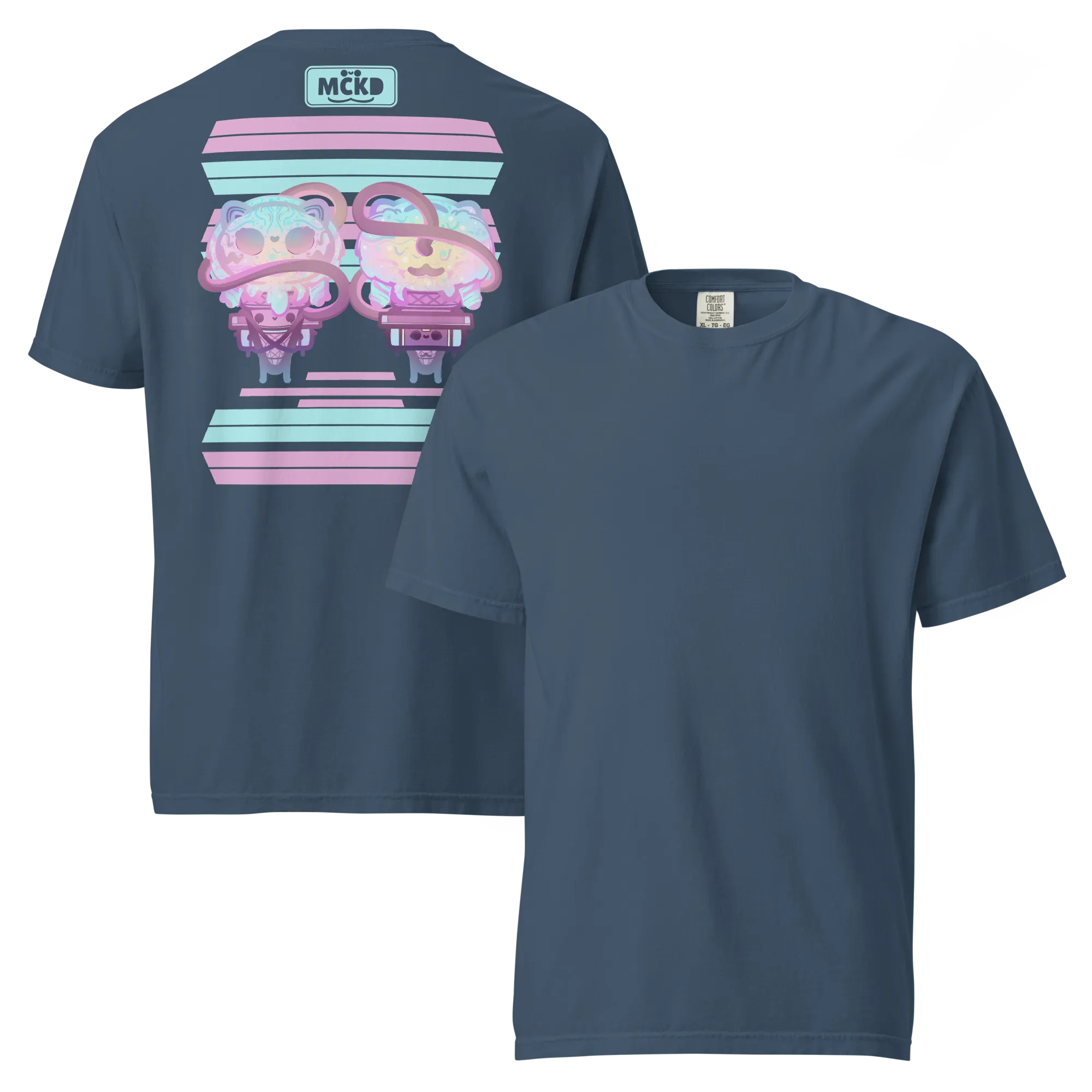 Cute and fun t-shirt with a dreamy pastel, kawaii aesthetic: Melti Back 0 - Heavy Cotton Shirt — original double-sided front and back view, available in multiple vibrant, colorful options, original design by Machikoulidana / mckd.studio