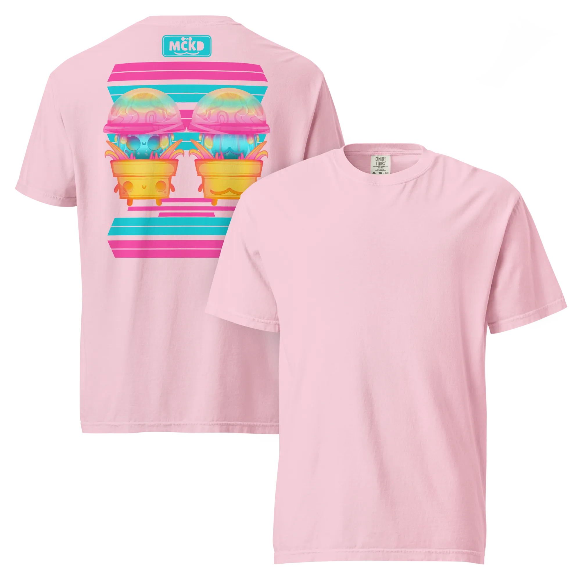 Cute and fun t-shirt with a dreamy pastel, kawaii aesthetic: Mushi Back 0 - Heavy Cotton Shirt — original double-sided front and back view, available in multiple vibrant, colorful options, original design by Machikoulidana / mckd.studio