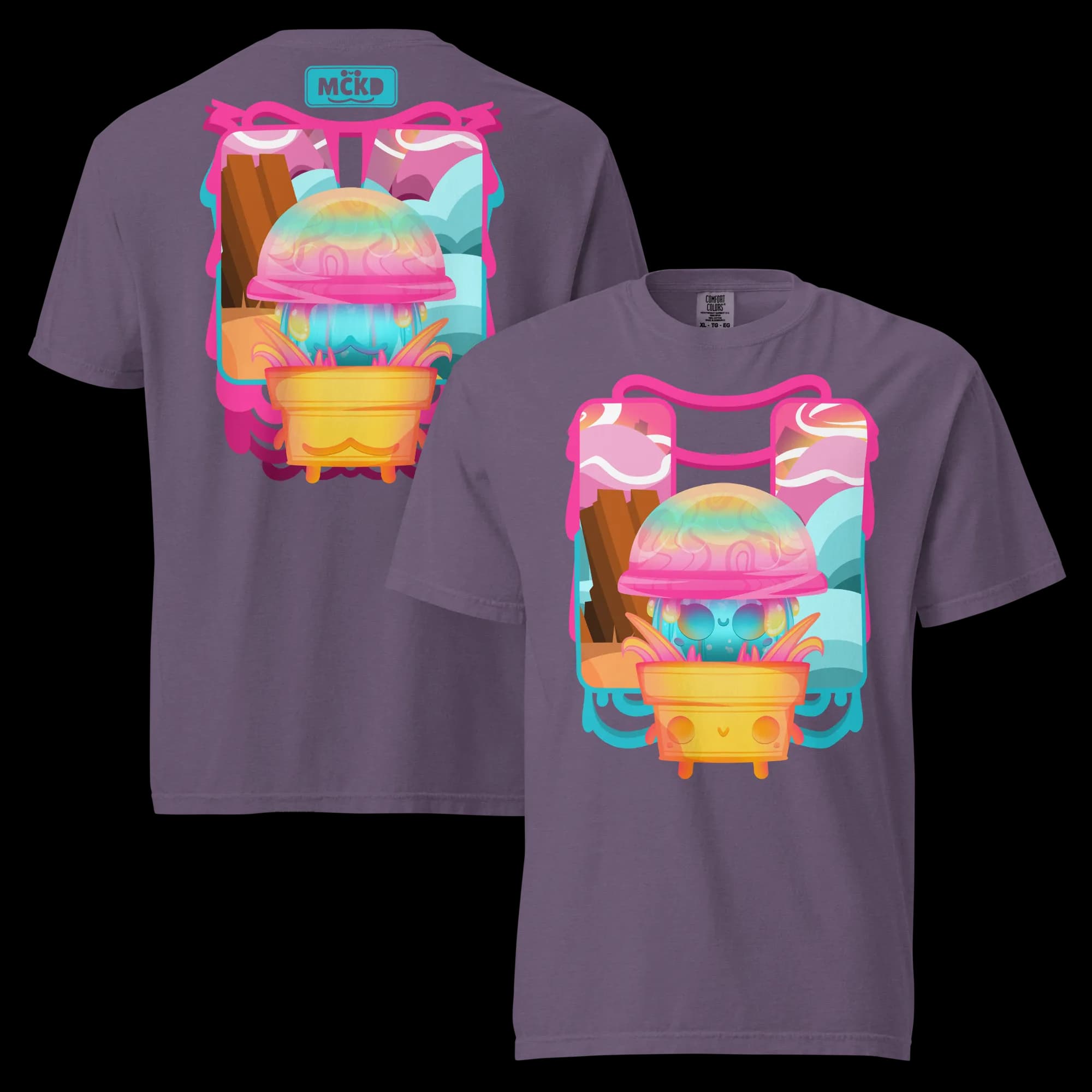 Cute and fun t-shirt with a dreamy pastel, kawaii aesthetic: Mushi 0 - Heavy Cotton Shirt — original double-sided front and back view, available in multiple vibrant, colorful options, original design by Machikoulidana / mckd.studio